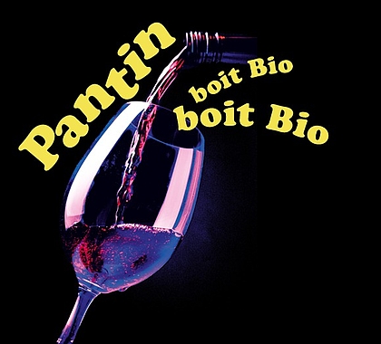 visuel représentant un verre de vin, avec le titre de l'événement : pantin boit bio
